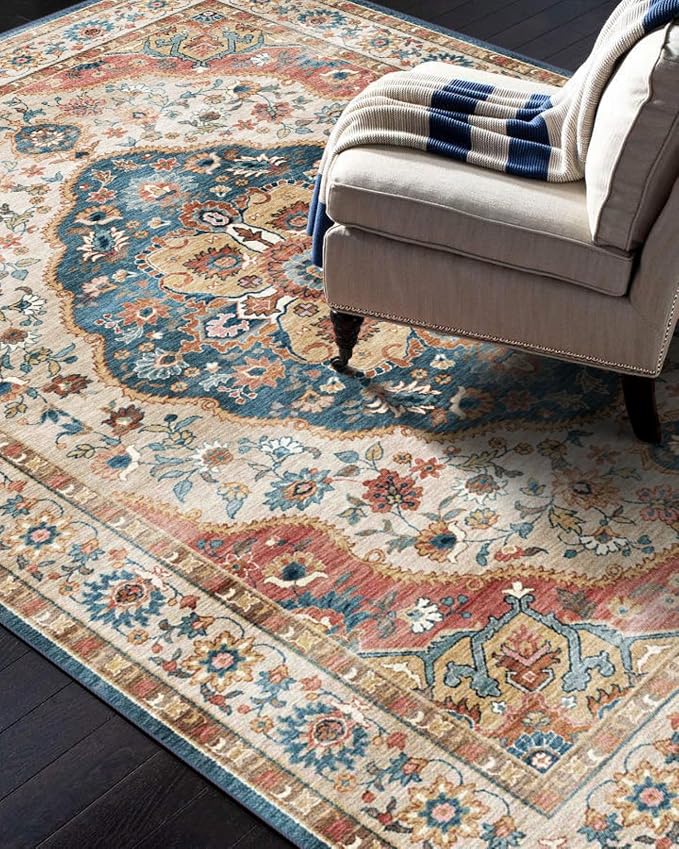 vivorug 4x6 Rug, Small Area Rug for Living Room, Bedroom, Kitchen, Machine Washable Non-Slip Throw Rug, Vintage Carpet for Entryway Nursery Coffee Table - Durable (Beige)