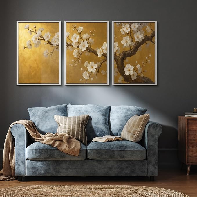 wall26 Framed Canvas Print Wall Art Set Golden Cherry Blossom Tree Elegant Floral Illustrations Fine Art Decorative Rustic for Living Room, Bedroom, Office - 24"x36"x3 White