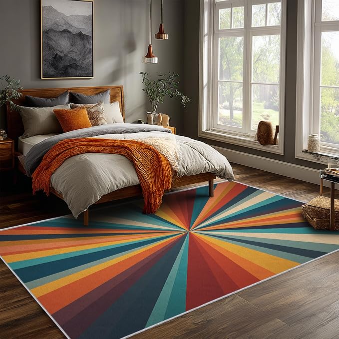 Retro Sunburst Rugs 5x8, 70s Colorful Abstract Washable 5 x 8 Area Rug for Living Room, Bedroom, Low Pile Non Slip Stain Resistant Carpet, Retro 70s Home Decor Accessories & M877