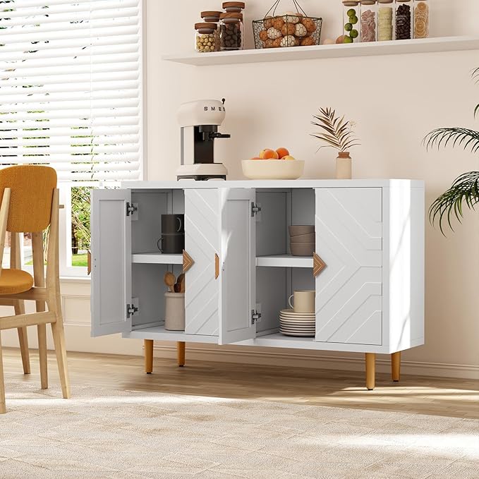 HLR 48'' Buffet Cabinet with 4 Doors and Shelves, Modern Credenza Storage Cabinet with Embossed Pattern Doors, Storage Cabinet Sideboard for Living Room, Kitchen, Dining Room, Hallway, White