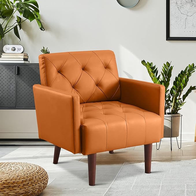 Faux Leather Accent Chair Modern PU Armchair, Retro Tufted Upholstered Arm Chair, Comfy Leather Club Chair Single Sofa for Living Room, Bedroom, Reading Room, Apartment (Orange)
