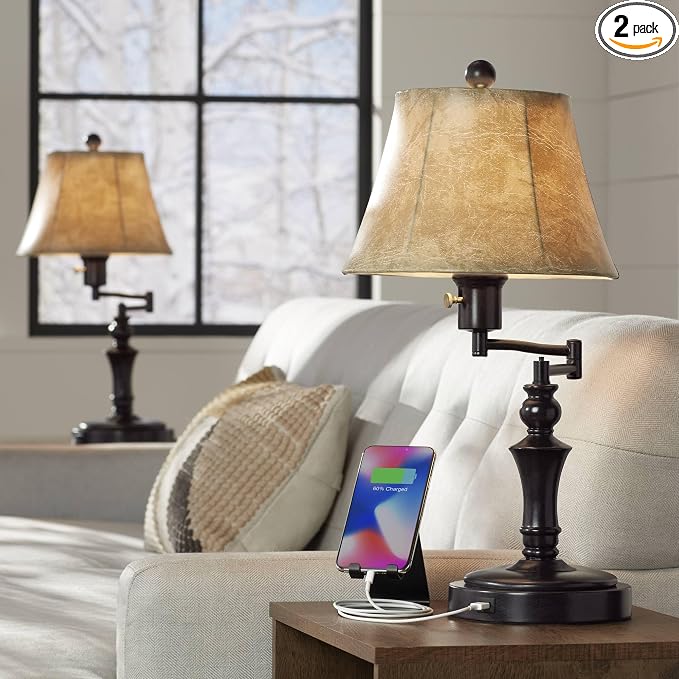Regency Hill Corey 21 3/4" High Small Farmhouse Rustic Traditional Desk Lamps Set of 2 USB Port with Socket Swing Arm Brown Bronze Finish Metal Shade Home Office Living Room Charging Bedroom Bedside