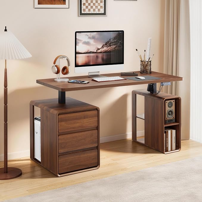 Electric Standing Desk with Drawers, 55" Office Desk Height Adjustable Executive Desk with Storage Shelves, Simple Setup Wood Desk Home Office Stand up Desk for Work, Study, Writing, Walnut