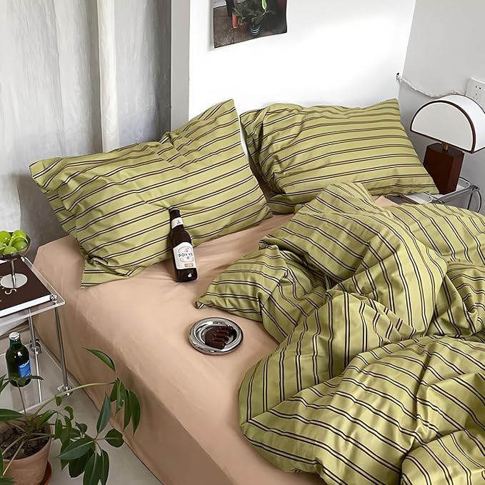 mixinni Vintage Stripes Duvet Cover Set King - 3-Piece Mid-Century Cotton Olive & Taupe Striped Bedding, Soft Breathable All-Season Comforter Cover with Zipper Closure & Corner Ties-King Size