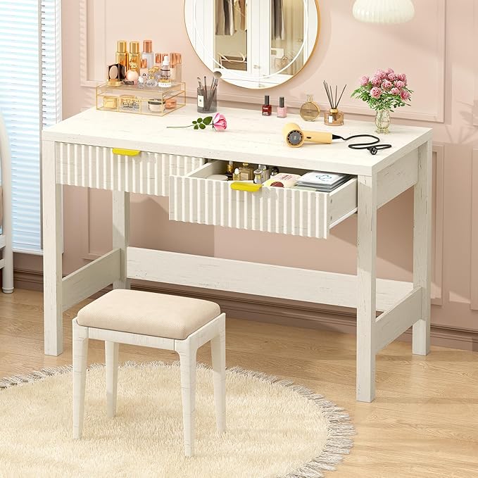 YOMILUVE Fluted Computer Desk with 2 Drawers, 39 Inch Small Computer Desk with Storage, Compact Writing Study Vanity Desk for Small Spaces, White