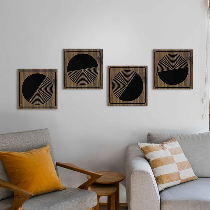 4 Piece Mid Century Modern Wood Wall Art Set, Geometric Boho Patterns for Eclectic and Maximalist Style, Wall Decor for Trendy Rooms