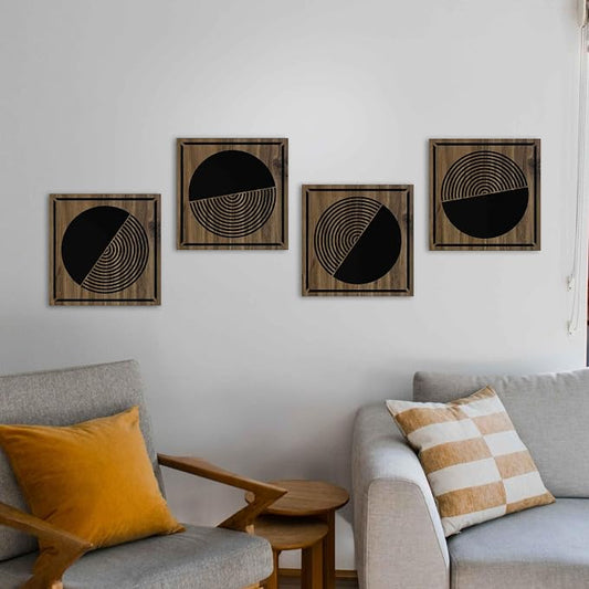 4 Piece Mid Century Modern Wood Wall Art Set, Geometric Boho Patterns for Eclectic and Maximalist Style, Wall Decor for Trendy Rooms