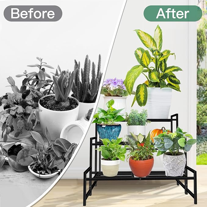 Lilybud--lily Plant Stand Indoor Outdoor, 3-Tier Wrought Iron Plant Stands, Stackable Metal Plant Shelf Decorative Outdoor Flower Stand Heavy Duty Pedestal Stands for Garden Deck Living Room, Black