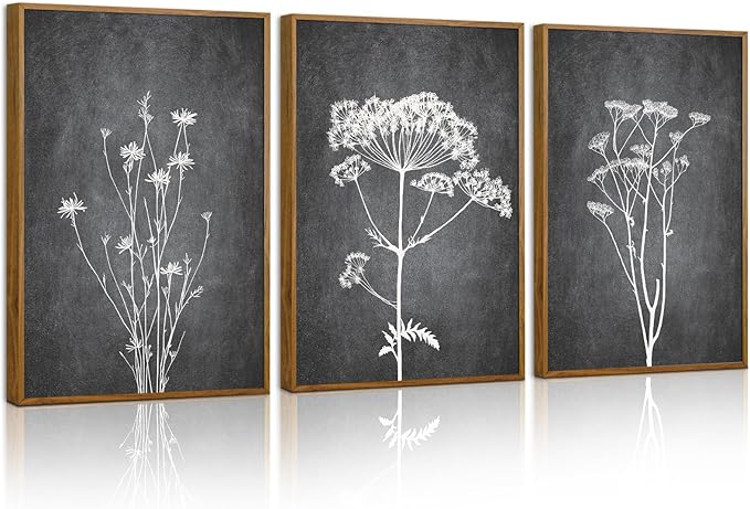 Tinonedraw Black and White Floral Framed Canvas Wall Art Set, Vintage Flower Wall Decor, Dark Academia Minimalist Botanical Art Paintings, Wildflower Art Print for Living Room Bedroom Office 16"x24"x3