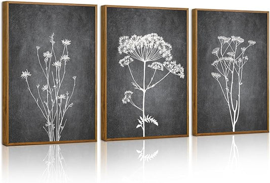 Tinonedraw Black and White Floral Framed Canvas Wall Art Set, Vintage Flower Wall Decor, Dark Academia Minimalist Botanical Art Paintings, Wildflower Art Print for Living Room Bedroom Office 16"x24"x3