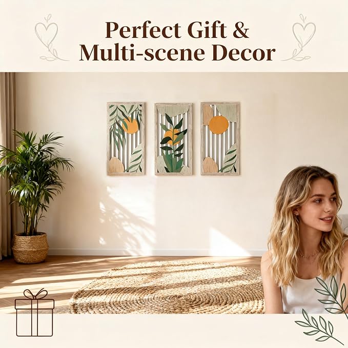 Boho Wall Art for Living Room - 3Pcs Botanical Wood Wall Decor, Minimalist Sun & Plant Design, Rustic Bohemian Hanging Art for Women, Homeowners, Renters, Bedroom, Bathroom, Office, Housewarming Gift