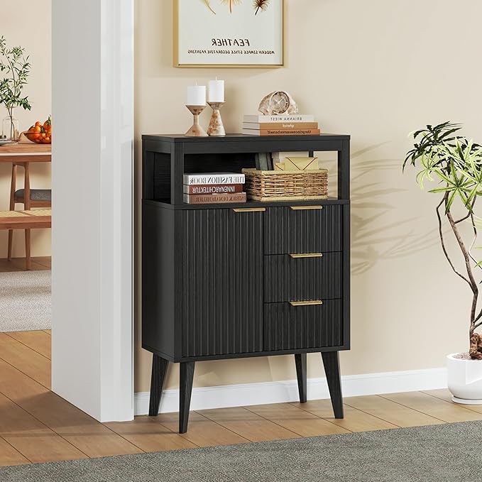 Black Bathroom Floor Cabinet with 3 Fluted Drawers & Door, Modern Storage Sideboard with Open Shelf, Coffee Bar Station for Living Room, Entryway, 23.6 x 11.8 x 34.6 Inches