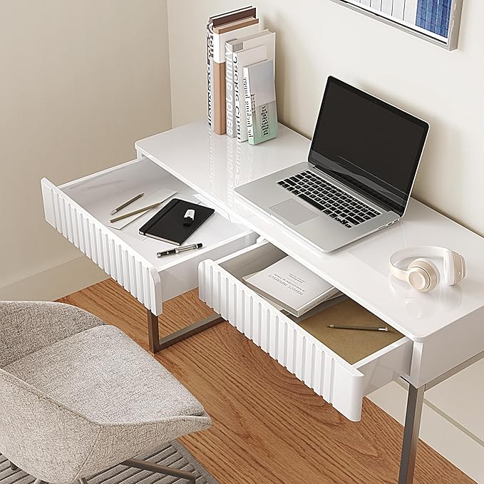 Tamworth Design Modern Multi-Purpose Desk, White & Antique Brass, 43" L x 15.75" W, 2 Large Drawers, Computer/Vanity/Study, Adult Size