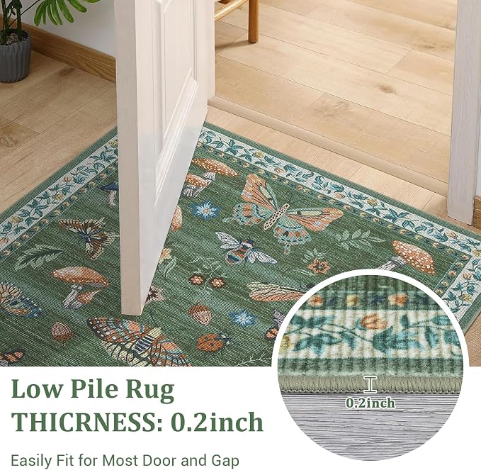 Washable 8x10 Mushroom Floral Rugs for Living Room Low Pile Soft Bedroom Large Accent Carpet Non Slip Non Shedding Nursery Playroom Carpet Mats Boho Vintage Green Carpets for Dining Apart Dorm, Green
