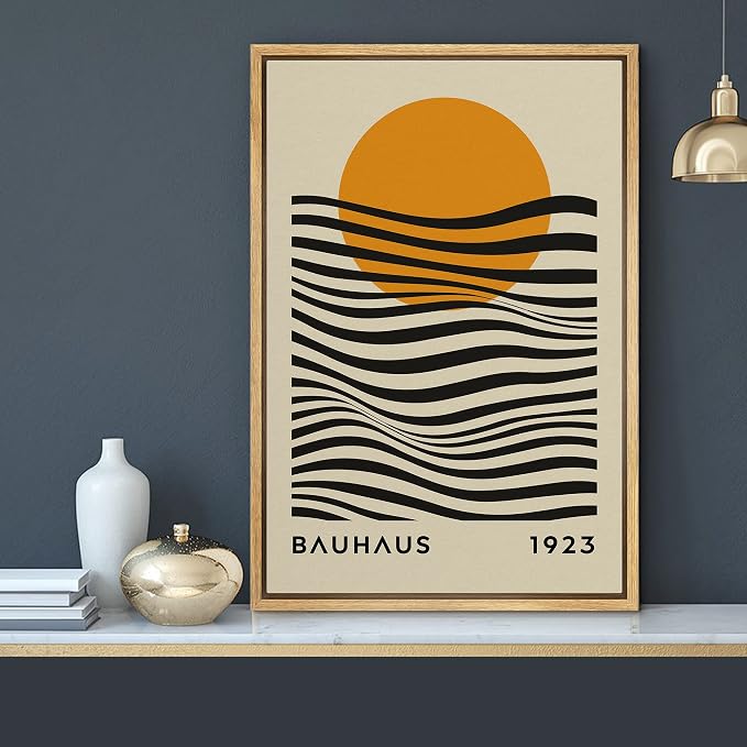 MUDECOR Framed Canvas Print Wall Art Mid-Century Bauhaus Geometric Sun Waves Shapes Abstract Illustrations Modern Art Minimal Multicolor Relax/Calm for Living Room, Bedroom, Office - 24"x36" Natural