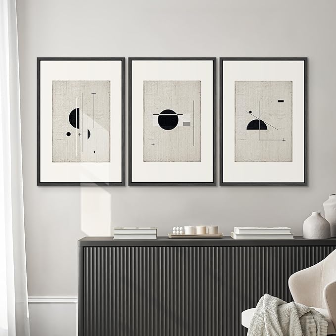 SIGNWIN Framed Canvas Print Wall Art Set Mid-Century Modern Geometric Polygons Abstract Shapes Illustrations Modern Art Decorative Minimal Duotone for Living Room, Bedroom, Office - 16"x24"x3 Black