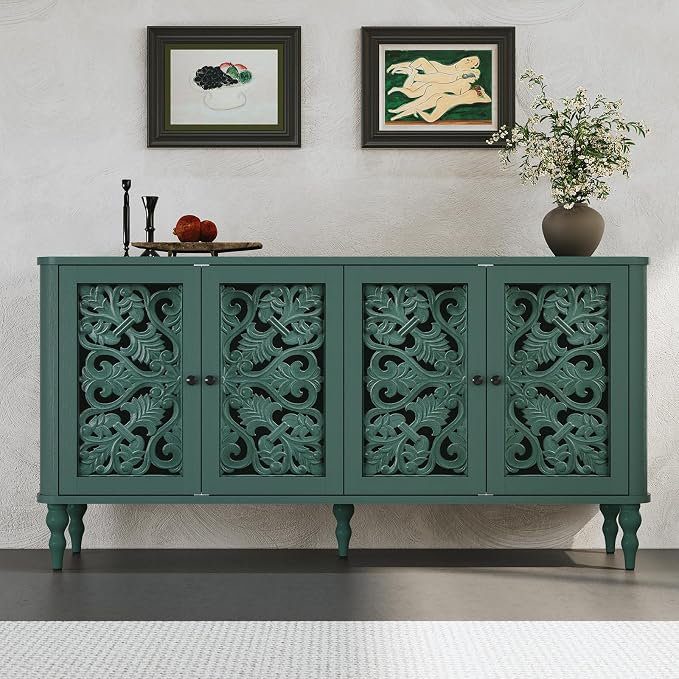 ARTPOWER 63" Retro Arc Carved Sideboard Buffet Cabinet, 4 Craft Doors Wooden Accent Credenza for Living Room, Dining Room, Entryway, Hallway, Green
