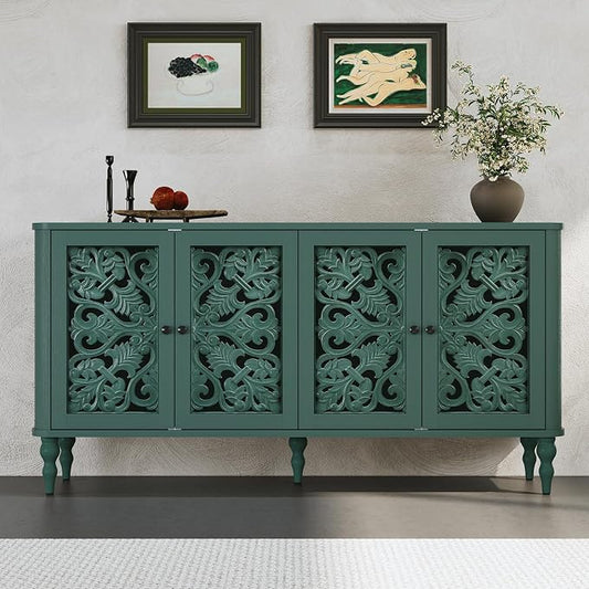 ARTPOWER 63" Retro Arc Carved Sideboard Buffet Cabinet, 4 Craft Doors Wooden Accent Credenza for Living Room, Dining Room, Entryway, Hallway, Green