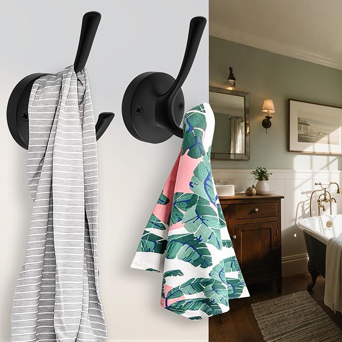 Black Wall Hooks Towel Hooks, 3 Pack Coat Hooks Robe Hook Heavy Duty Metal Double Bath Hook Wall Mounted, Hand Towel Hooks for Entryway Bathroom Kitchen Closet Garage