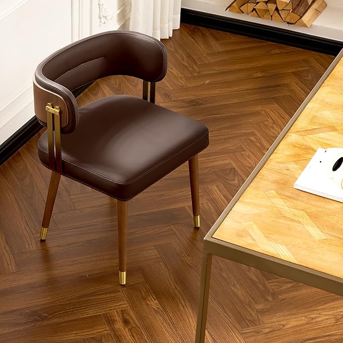 Modern Upholstered Leather Dining Chairs with High-Resilience Foam Cushion, Walnut Wood Veneer&Gold Metal Legs, 22Lx20.5Wx28.3H Inches, Anti-Slip Kitchen Chairs for Dining Room,Dark Grey