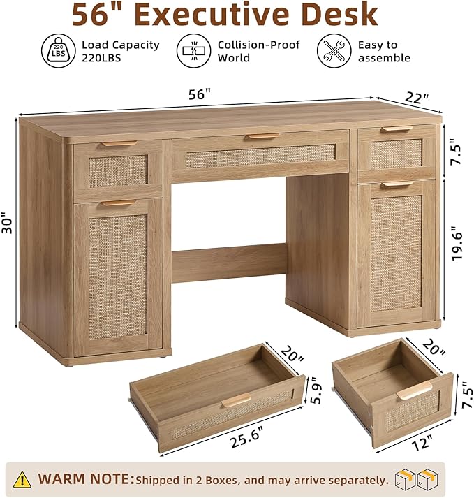 LEYAOYAO 56'' Rattan Farmhouse Executive Desk with Drawers, Wood Home Office Desk with File Cabinet and Metal Handles, Large Vintage Computer Desk for Home, Bedroom, Living Room （Natural）