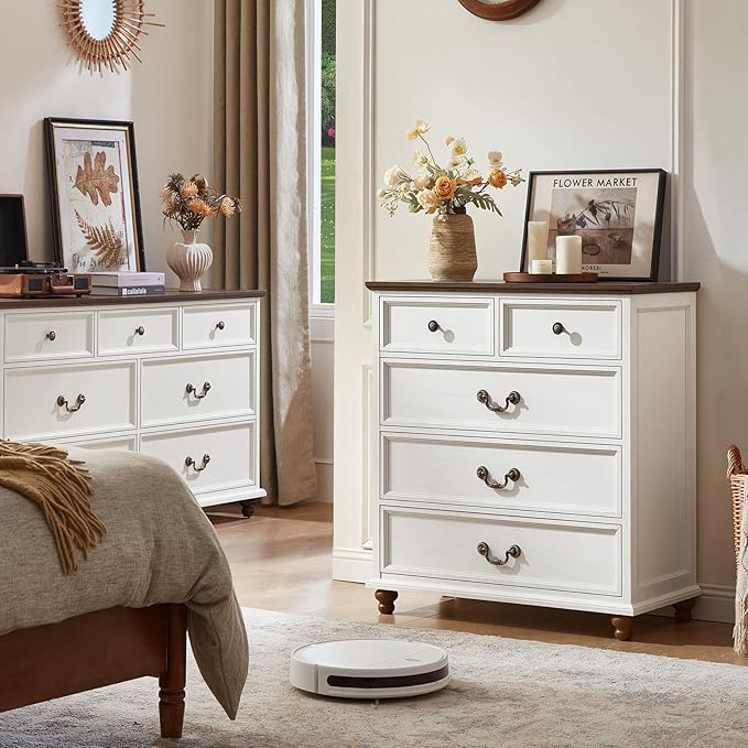 Farmhouse 5 Drawer Dresser for Bedroom, 35" Tall Rustic Chests of Drawers w/ 4 Solid Wood Feet, Mid Century Modern Wooden Closet Storage Dressers Organizer for Living Room, Hallway,White