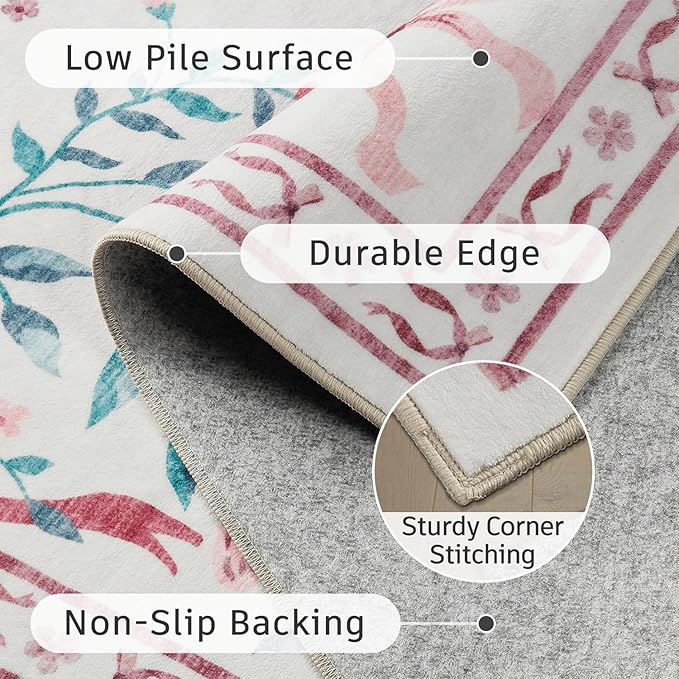 DCX Washable 4x6 Bow Rug, Pink Floral Rug for Girls’ Bedroom, Cute Soft Low Pile Indoor Décor Carpet, Kid & Pet Friendly Nursery Rug for Living Room, Dorm, Playroom