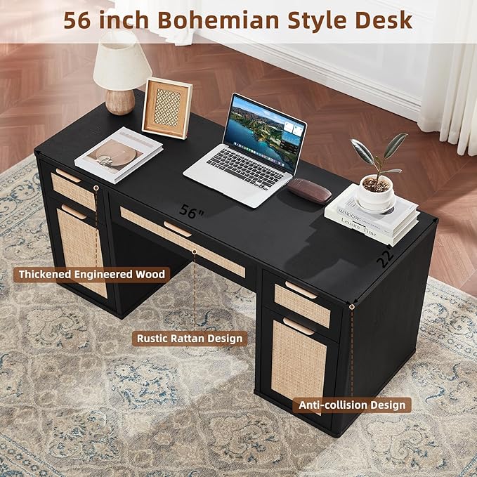 LEYAOYAO Office Desk 56" with 5 Drawers Storage File Cabinet Rattan Wood Desk for Computer Office Bedroom Home Furniture Black