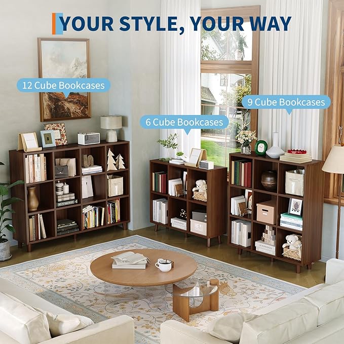 Takywep 9 Tier Mid-Century Modern Bookshelf, Rustic Brown Wood Cube Storage Organizer with Wood & Anti-Tipping Legs, Retro Open Bookcase Display Shelf for Living Room, Home Office, Bedroom