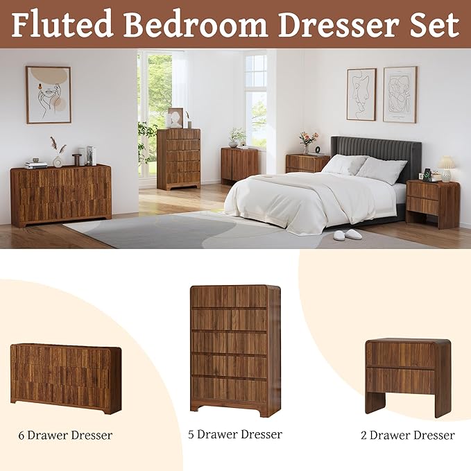 BERRYMERRY 5 Drawer Dresser for Bedroom,Flute 45" Tall Dresser with Curved Profile, Mid Century Modern Vertical Wood Drawer Organizer for Bedroom Living Room