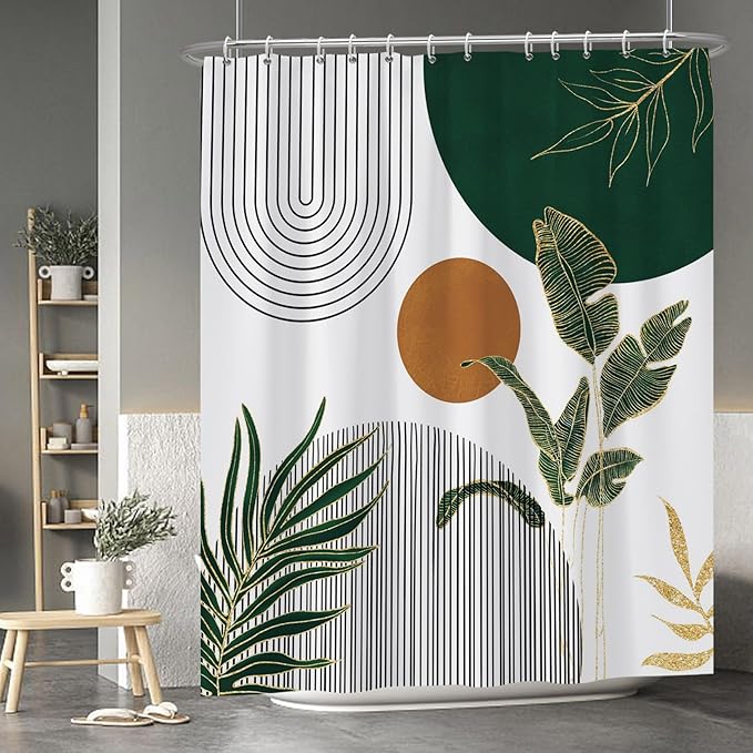 Baocicoo Boho Mid Century Shower Curtain Abstract Sun Green Banana Leaves Curve Aesthetic Shower Curtain for Bathroom Cubicle Living Room Waterproof Curtain for Bathroom with Hooks 72x84 Inches