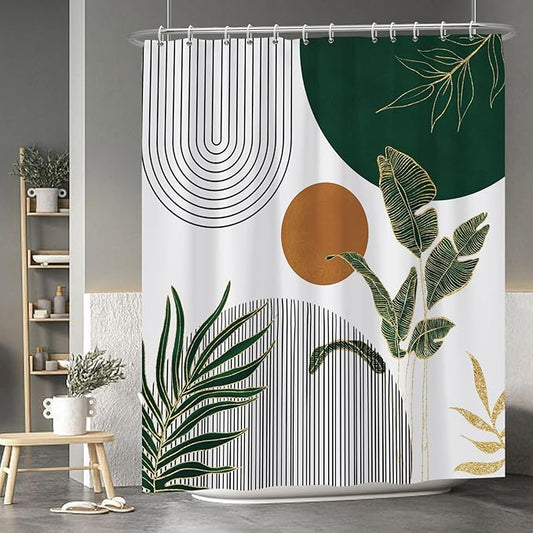 Baocicoo Boho Mid Century Shower Curtain Abstract Sun Green Banana Leaves Curve Aesthetic Shower Curtain for Bathroom Cubicle Living Room Waterproof Curtain for Bathroom with Hooks 72x84 Inches
