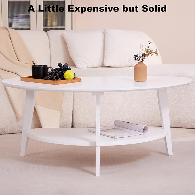 NAVREX Mid Century Modern Coffee Table, Oval Coffee Tables with Storage for Living Room, 2 Tier Solid Wood Center Table, White Coffe Tables, Easy Assembly, Value Lies in Material 40.2" D x 22" W