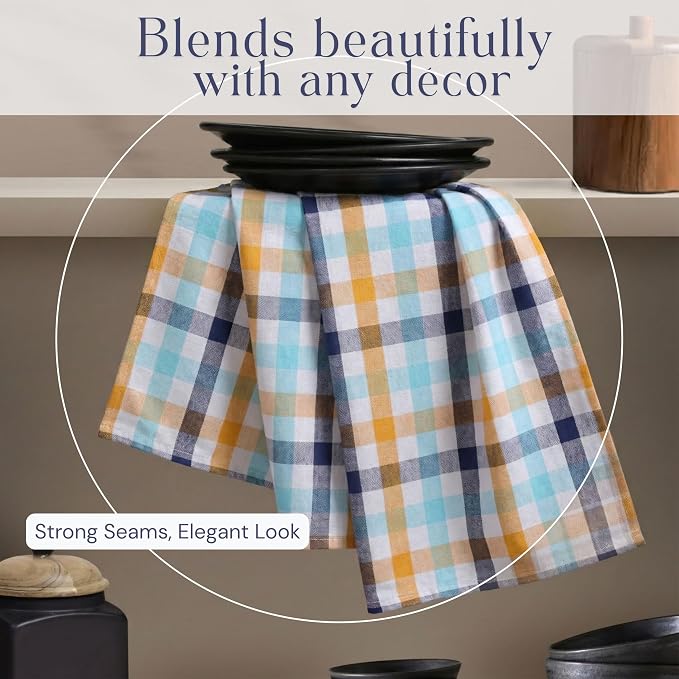 Checked Kitchen Dish Towels 12 Pack Combo, 18"x26", Quick Dry Wash Rags, Reusable Dishcloths, Absorbent Hand Towel - Mint Green, Water Green, Indigo Blue, Mustard Yellow, Brown, Beige
