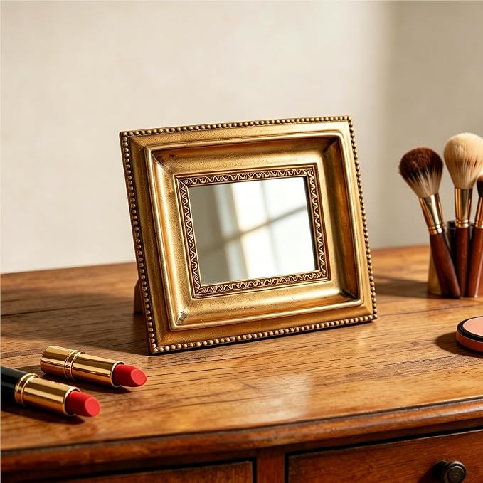 Golden Mini Vintage Mirror with Exquisite Relief Elegant Wall Decor for Bedroom Dresser Table Compact Resin Retro Design (Gold Rectangle, 4.5X5.5)