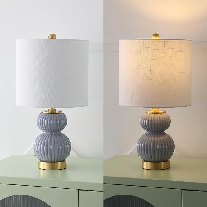 JONATHAN Y 20" Gray/Brass Gold Ribbed Gourd Glass Table Lamp, Modern Bedside Lamp for Bedroom Living Room, White Linen Drum Shade, LED Bulb Included (JYL1099C)