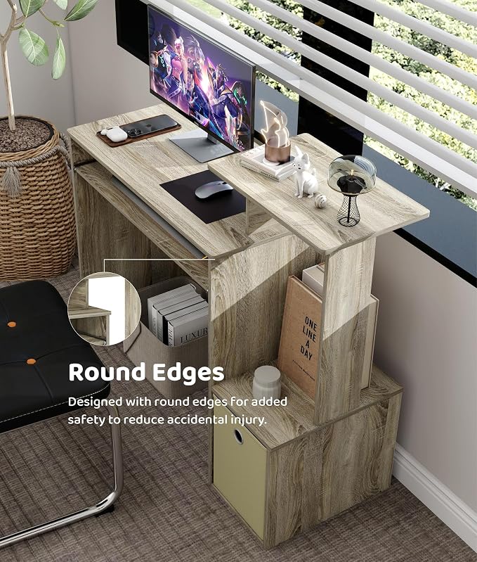 Small Computer Desk with Drawer, Writing Desk with Storage Shelves for Home Office Bedroom, Oak/Ivory