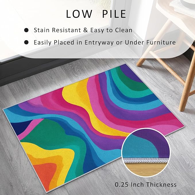 Rainbow Abstract Rugs 7x9, Colorful Retro 70s Washable 7 x 9 Area Rug for Living Room, Bedroom, Low Pile Non Slip Stain Resistant Carpet, Abstract Home Decor Accessories & M891