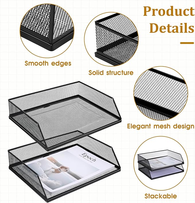 2 Pack Wire Mesh Letter Trays Paper Tray, 2-Tier Metal Mesh Desktop Organizer, Stackable Metal Front-Load Documents Tray, File Folder Sorter Organizer for Office Home(Transverse)