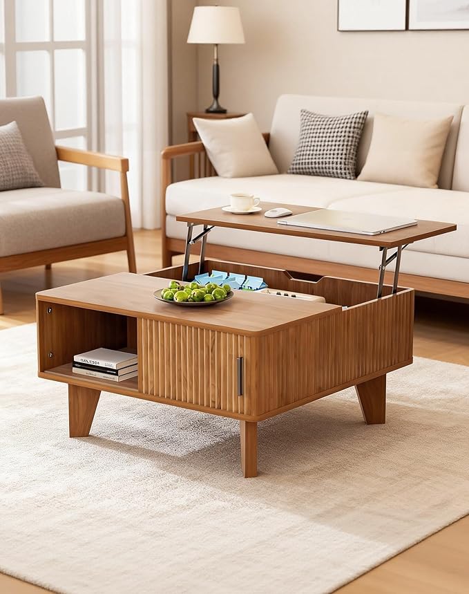 Lift Top Coffee Table with Storage, 29.7" Small Square Coffee Table for Living Room, Mid Century Modern Fluted Wood Center Table with Sliding Tambour Door, Walnut