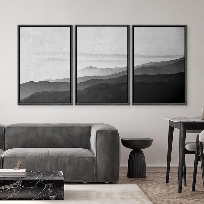 SIGNWIN Framed Canvas Print Wall Art Side of Mountain in Mist Nature Rocky Cozy Neutral Minimalism Contemporary Black and White for Living Room, Bedroom, Office - 16"x24"x3 Black