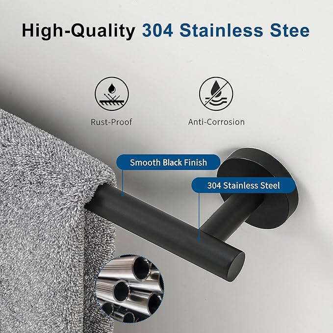 Matte Black Towel Bar, 18 Inch Towel Racks for Bathroom Wall Mounted, Thicken SUS304 Stainless Steel Heavy Duty Hand Towel Holder Organizer, Bathroom Accessories, Total Length 20.5 Inch