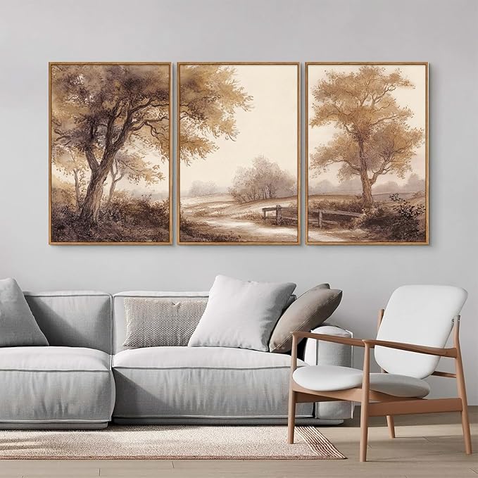 Rantodecor Vintage Landscape Framed Canvas Wall Art Triptych, Rustic Tree Sketch Wall Decor, Large Claming Nature Forest Art Paintings, Modern Relax Farmhouse Artwork for Bedroom Living Room 16"x24"x3