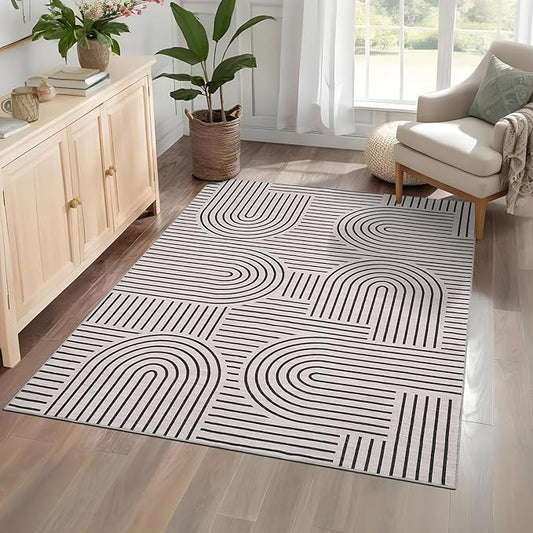 Washable Rug 5x7 Area Rugs for Living Room, Abstract Rug for Bedroom, Soft Rainbow Non Slip Rugs with Rubber Back, Low Pile Stain Resistant Boho Geometric Carpet for Dining Room, Light Camel