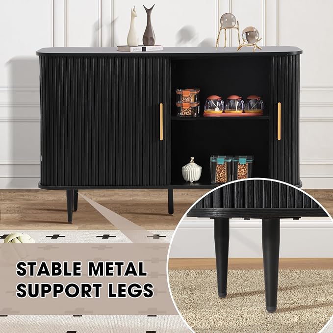 Grepatio 47" Sideboard Buffet Cabinet with Fluted Slide Doors, Tambour Storage Cabinets with Adjustable Shelves, Credenza Console Mid Century for Living Room Hallway Entryway (Black)