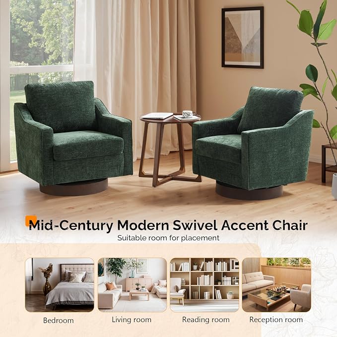 VINGLI Mid-Century Modern Swivel Accent Chairs Set of 2, 360°Upholstered Armchairs, Home Sofa with Track Arms for Living Room, Bedroom, Reading Room, Club Swivel Chairs, Chenille Green