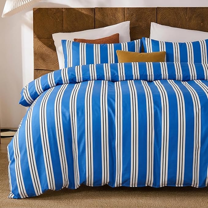 Merryword Striped Duvet Cover Set Queen Size - 100% Cotton Duvet Cover Set, Blue Ribbon Stripes Pattern Comforter Cover 3 Pieces, Soft Linen Like Bedding Set for All Seasons