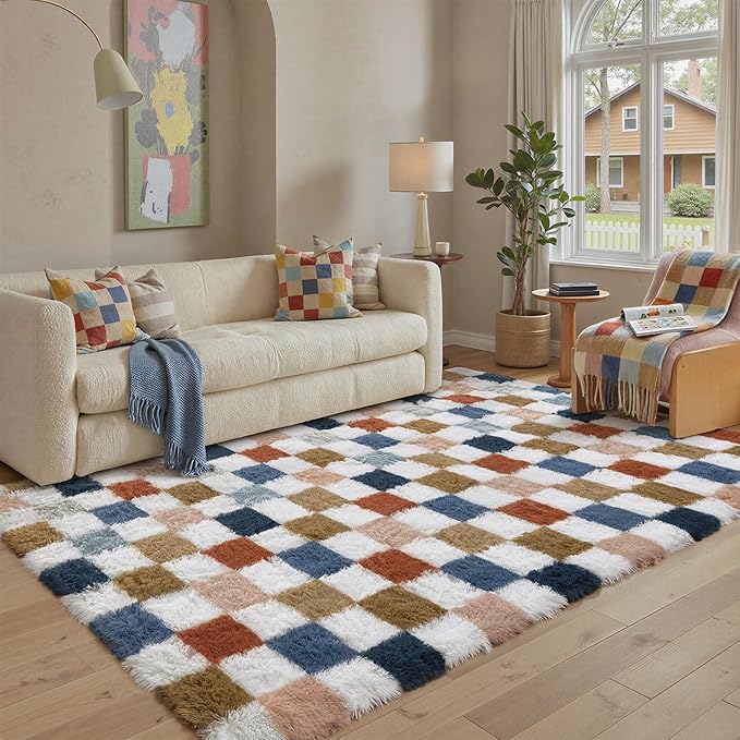 Checkered Rug 6x9 for Living Room, Modern Rainbown Shag Rug Washable Non-Slip Large Area Rug Super Soft Indoor Fuzzy Carpet Fluffy Rugs for Bedroom Home Aesthetic Decor