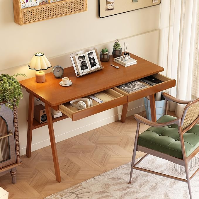 Solid Wood Desk with Drawers - 47.2 Inch Mid Century Modern Desks, Writing Desk with Drawers & Storage Shelf, Home Office Computer Desks for Bedroom & Home, Walnut Color