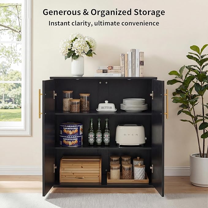 Fluted Sideboard Buffet Cabinet with Storage, Arched Doors & Adjustable Shelves, Modern Accent Credenza, Anti-Tip Console Cabinet for Living Room, Entryway, Hallway & Kitchen, Black